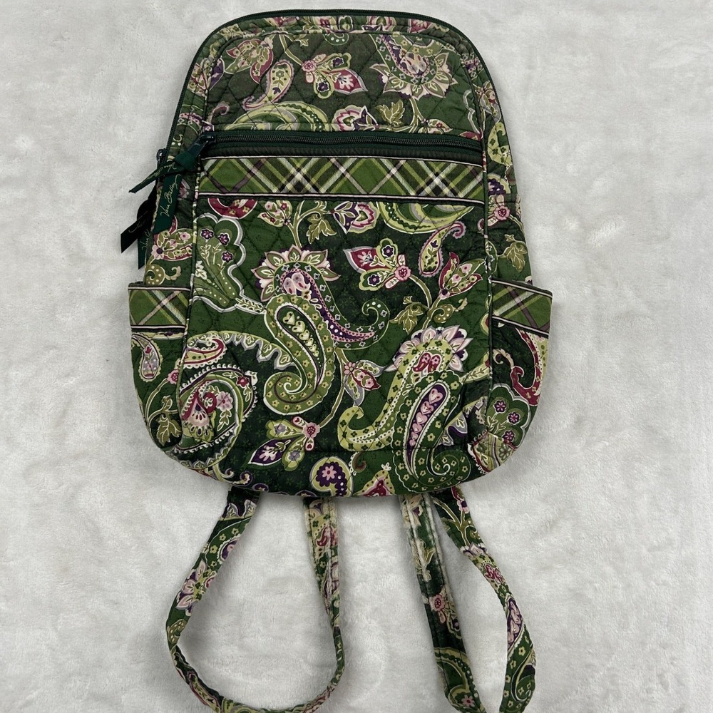 Vera Bradley Backpack Womens Small Green Paisley Quilted Plaid Trim Bag